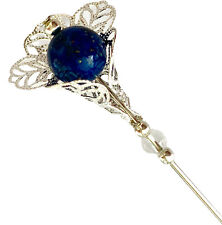 Beautiful lapis lazuli antique silver 5” long hat pin & end protector picture