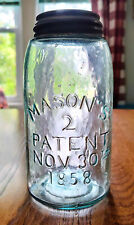 CRUDE MASON'S 2 PATENT NOV 30TH 1858 LIGHT AQUA QUART FRUIT JAR NICE WHITTLING picture