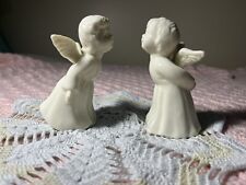 Two Adorable Vintage Kissing Angels Ceramic Figurines Off White Glossy Boy Girl picture
