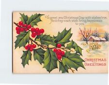 Postcard Christmas Greetings with Hollies Art Print, Christmas Greeting Card picture