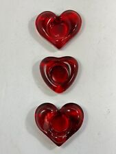 3 Ruby Red Heart Shape Glass Tea Light Candle Holders Paper Weight Vintage picture