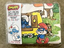 Vintage 1980's Smurfs Twin Bed Sheet Set Flat, Fitted & Pillowcase UNOPENED MINT picture