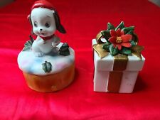 VTG Taiwan Ceramic Bisque XMAS  Puppy candle Trinket Dish Lunds's Lites Lefton  picture