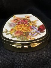 2” Vintage 3 Compartment Pill Trinket Box Floral Top Gold Tone Snaps Shut picture