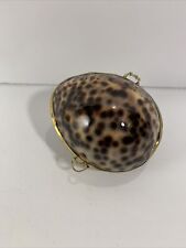 Vintage Genuine Cowrie Shell Trinket Box Brass Edges Clasp 3” picture