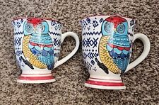 2 Whimsical Owl Coffee Mugs Multi-Colored Ceramic Whimsical Owls 12oz. picture