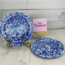 Crow Canyon BLUE WHITE MARBLE  SPLATTER Speckled Enamelware Snack Plates Set 4 picture