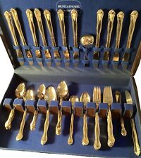 Vintage Delft Nasco Stainless Gold Flatware Set In Wood Holmes & Edwards Box picture