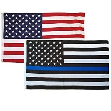 2 Pack 3x5 Foot Thin Blue Line + USA American Flag Police Honor Law Enforcement picture