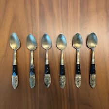 Vintage MCM Demitasse Brass Spoons From Thailand Rose Wood Handles Set of 6 picture