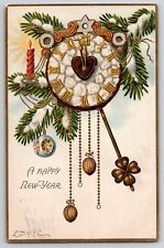 Happy New Year Clock Midnight Clover Ornament Candle Good Luck Postcard 1906 picture
