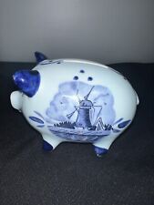 Vintage DBL Delft Glazed Ceramic Blue & White Piggy Bank, With Windmill Design. picture
