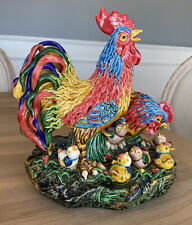 Taiwan Cochin Ware Colorful Rooster Hen Chicks Pottery Figurine Statue Signed picture