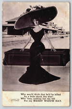 Victorian Woman In Black Dress, Large Widow Hat, Antique, Vintage Postcard 1910 picture