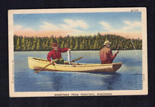 Peshtigo WI Wisconsin Greetings Fishing Fish Vintage Marinette County Postcard picture