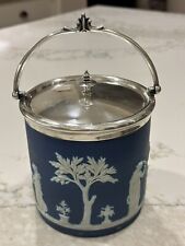 ANTIQUE WEDGWOOD BLUE JASPER DIP BISCUIT BARREL With Sterling Handle And Lid. picture