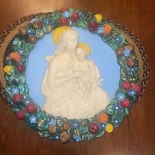 Vtg Della Robbia Virgin Mary Mother Mary Jesus Infant Majolica Lg. Wall Plaque picture