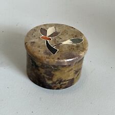 Vintage Hand Carved Round Soapstone Trinket Box ~ Mother of Pearl Inlay India  picture