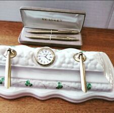 Belleek Shamrock Irish Clover Porcelain Desk Set, Pen Pencil Clock Needs Battery picture