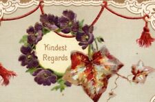 postcard - greetings - Kindest Regards - purple flower wreath and leaves picture