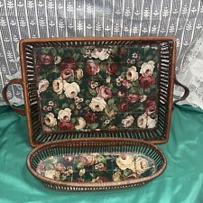 Vtg 1970s Wicker Rattan Wooden Fabric Lined Floral Basket Serving Tray 2 Pc Set  picture