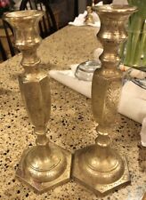 Vtg Atq Heavy Engraved Etched Brass Candle Stick Holders Pair Flower Design Rare picture