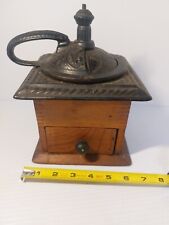 Vintage Coffee Grinder Cast Iron Hand Crank Dovetailed Wood Box With Drawer picture