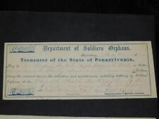 1870 Dept of Soldiers Orphans Pennsylvania State Treasurer Check Civil War Era picture