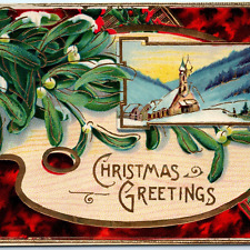 c1910s Christmas Greetings Gel Gold Gilt Embossed Church Postcard Holly Xmas A66 picture