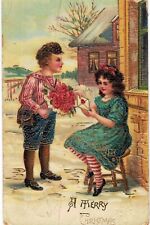 Christmas PFB Boy Gives Girl Flowers Gilded Filigree 1910  picture