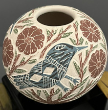 Mata Ortiz Pottery Sgraffito Carved Bird Foliage Seed Pot Eliazar Quintana Art picture