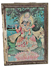 Rare Vintage 21 Inch Radha Krishna Decorated Litho Print In Elegant Wooden Frame picture