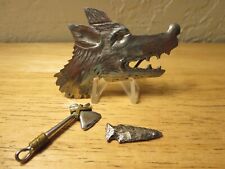 Native American Handcrafted lot Wolf Tie Holder/Arrowhead & Ax Pendant Mix Metal picture
