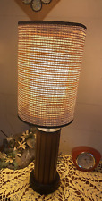 Vintage MCM Grooved wood Table Lamp faux Rattan Lamp shade Black Metal Base  picture