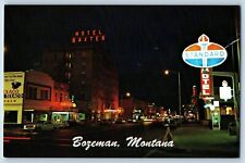 Bozeman Montana MT Postcard Night Scene Main Street Hotel Baxter Building c1960 picture