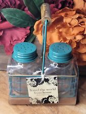 New Unique Wood Metal Caddy Salt & Pepper Glass Shakers Kitchen Farmhouse Teal picture
