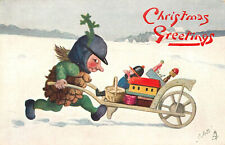 Tuck Christmas Postcard C1883 Pine Cone Man Wheelbarrows Load Of Toys Fialkowska picture
