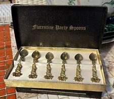 6 Vintage Gold Plated Florentine Party Spoons in Box Gold Florence Wheat Sheaf picture