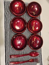 Vintage 9 PC Aizu Japanese Hand painted Salad Bowl Set Red Lacquer Inlaid Shell picture