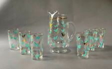 1950s Glass MID-CENTURY MODERN Blue & Gold Partridge Iced Tea Lemonade Set MCM picture