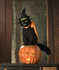 LG Bethany Lowe Black Cat Witch on Jack O Lantern Paper mache Halloween 15