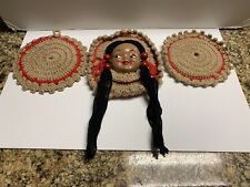 Vtg Handmade Crocheted Indian Face Pot Wall Hanging  picture