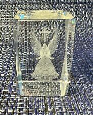 Crystal Cubed 3-D Etched Angel with Cross  Size 1 3/4