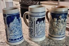 Germany Stein Lot Vintage German Stonware cobalt blue Salt Glazed Tankard 3 Mugs picture