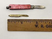 Lot (2) Vintage Miniature Pocket Knife Charms Intercast Pink Faux Pearl Keychain picture