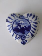 Vintage Delft Blue Porcelain Hand Painted Heart Shaped Lidded Trinket Box  picture