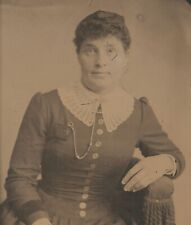 Vintage Antique Tintype Photo Victorian Woman w/ Button Up Dress & Pocket Watch picture