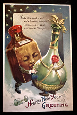 Rare~Wine & Whiskey Bottles~Kissing~Anthropomorphic~New Year Fantasy~Postcard- picture