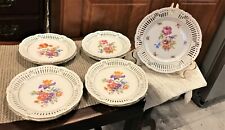 ANTIQUE B.J.L GERMANY 9 PC DESSERT PLATE SET RETICULATED OPEN BORDER GOLD FLORAL picture