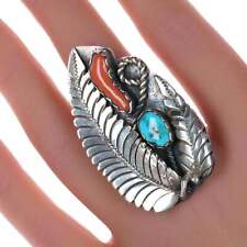sz7.5 Large Vintage Native American silver turquoise and coral ring picture
